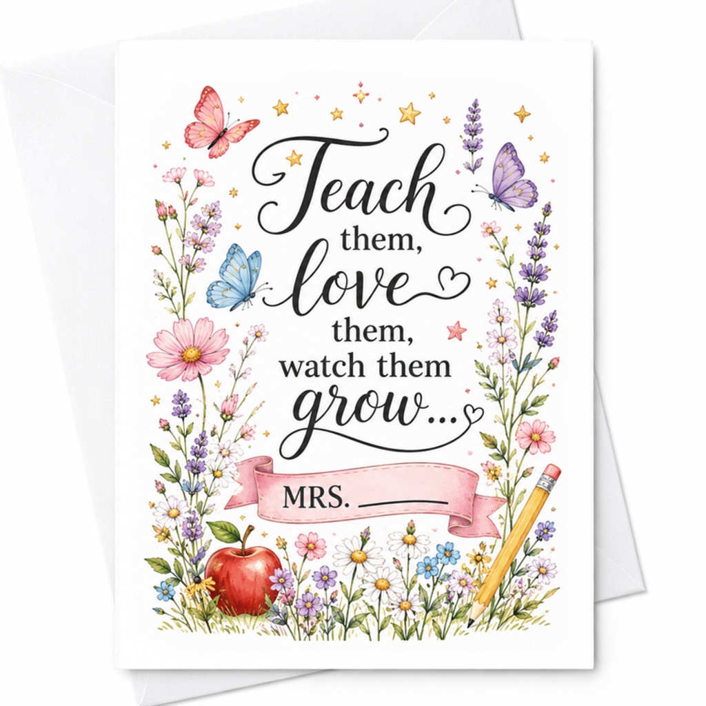 Teach Them Love Them Watch Them Grow Teacher Appreciation Card Personalized Gift For Educators Floral Design With Butterflies C2164