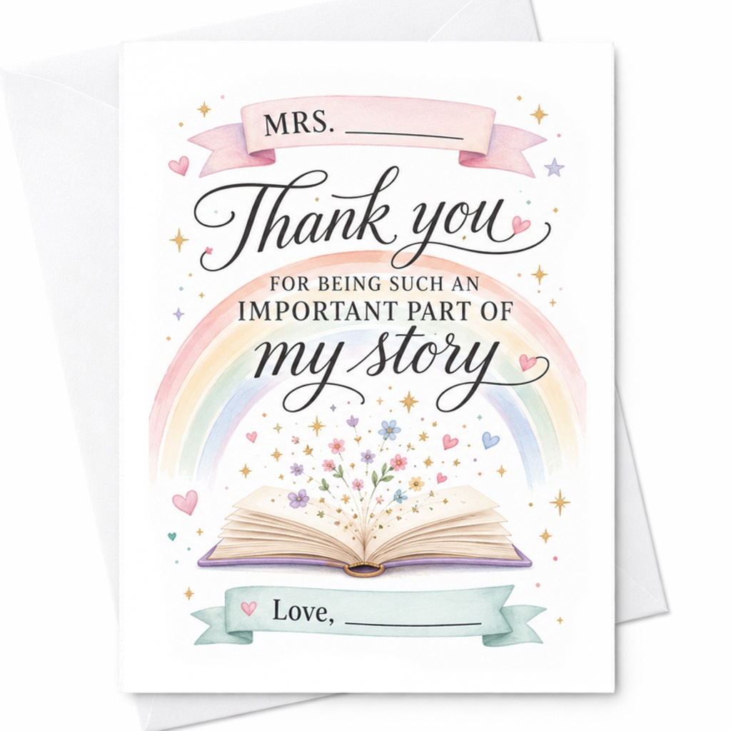 Thank You For Being Such An Important Part Of My Story Teacher Appreciation Card Rainbow Design For Mrs. Farewell Gift C2162
