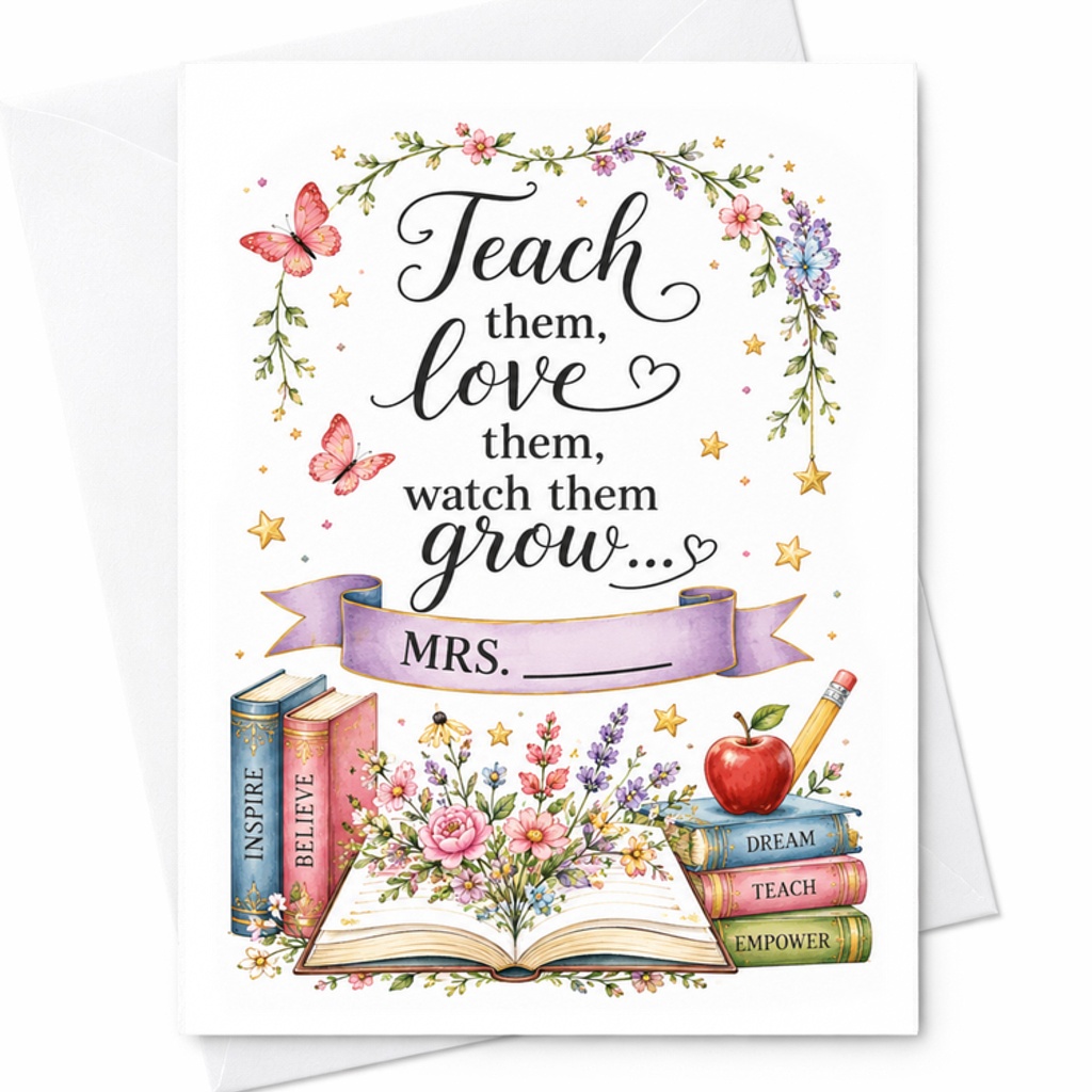 Teach Them Love Them Watch Them Grow Teacher Appreciation Card Thank You Card For Mrs. Inspirational Floral Design C2165