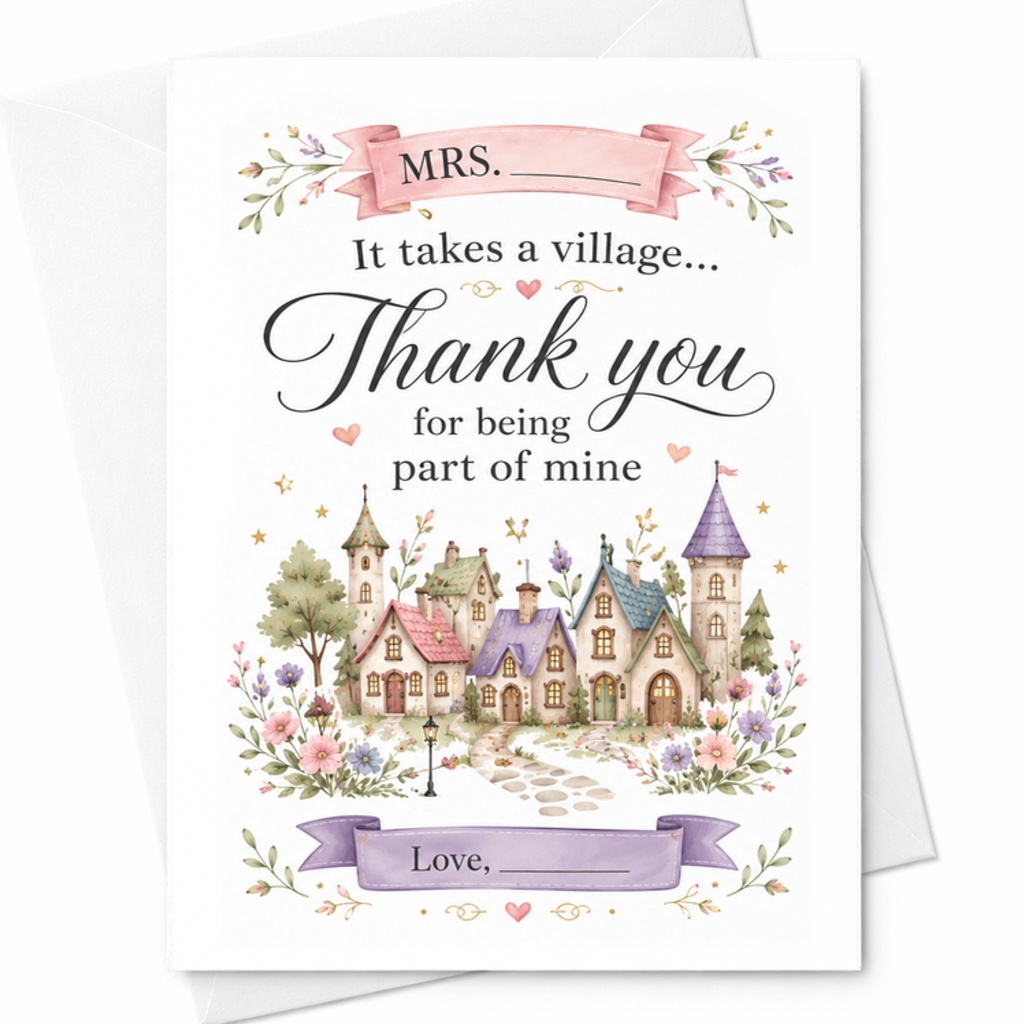 It Takes A Village Thank You Card Appreciation Card For Teacher Nanny Mentor Gratitude Card Floral Design Sweet Sentiment C2166