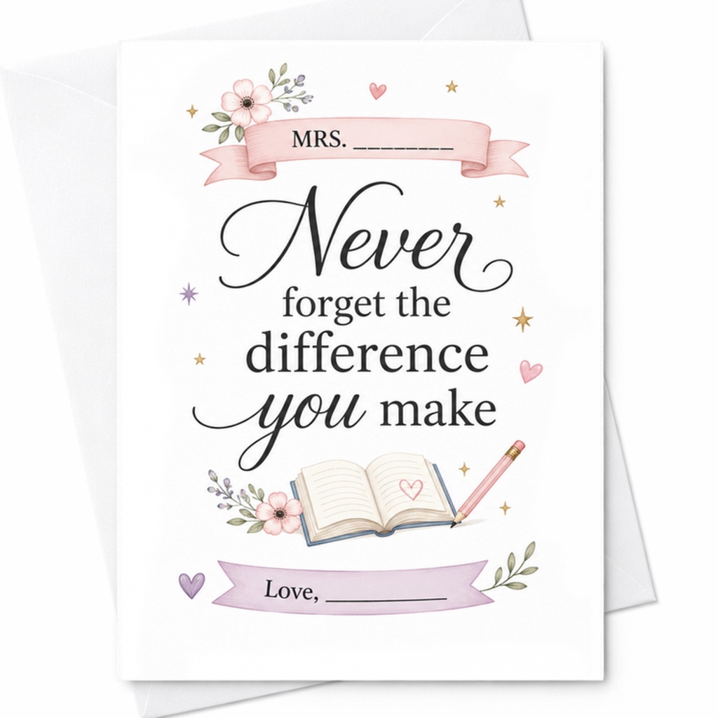 Never Forget The Difference You Make Appreciation Card Teacher Gift Thank You Card For Mrs. Personalized Message From Student C2168