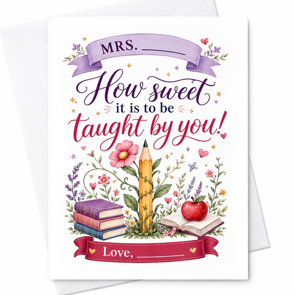 How Sweet It Is To Be Taught By You Teacher Appreciation Card Thank You Card For Mrs. Cute Floral Design With Pencil And Books C2173