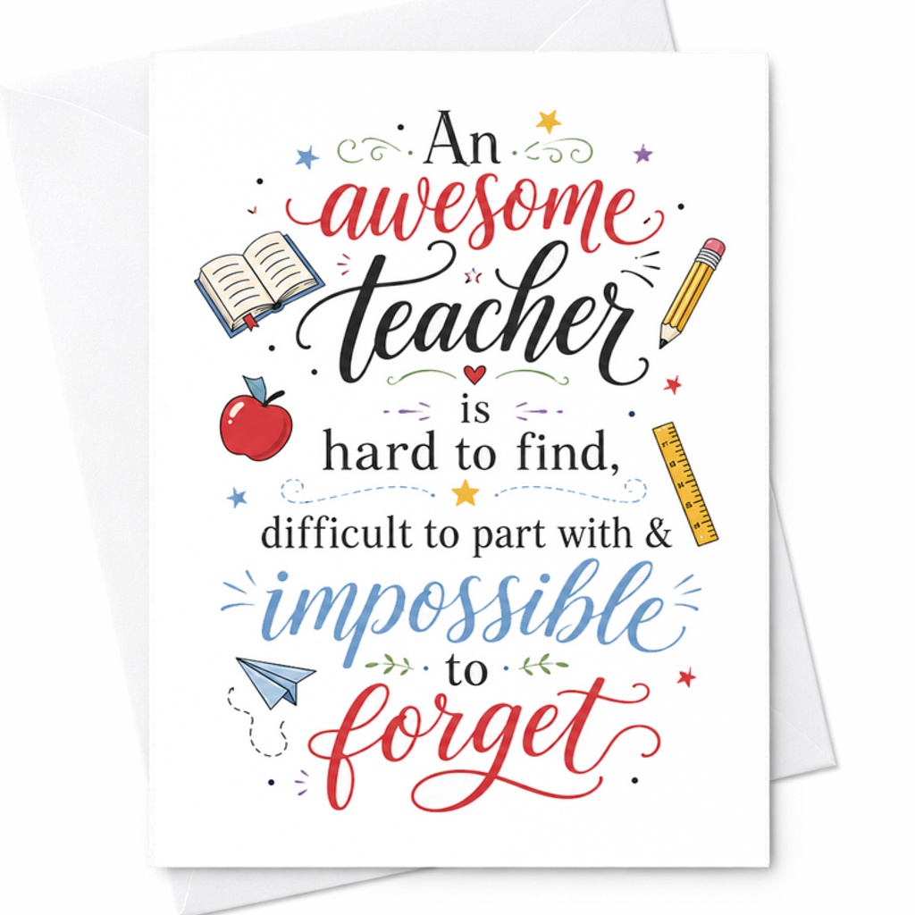 An Awesome Teacher Is Hard To Find Difficult To Part With Impossible To Forget Thank You Card For Teacher Appreciation C2182