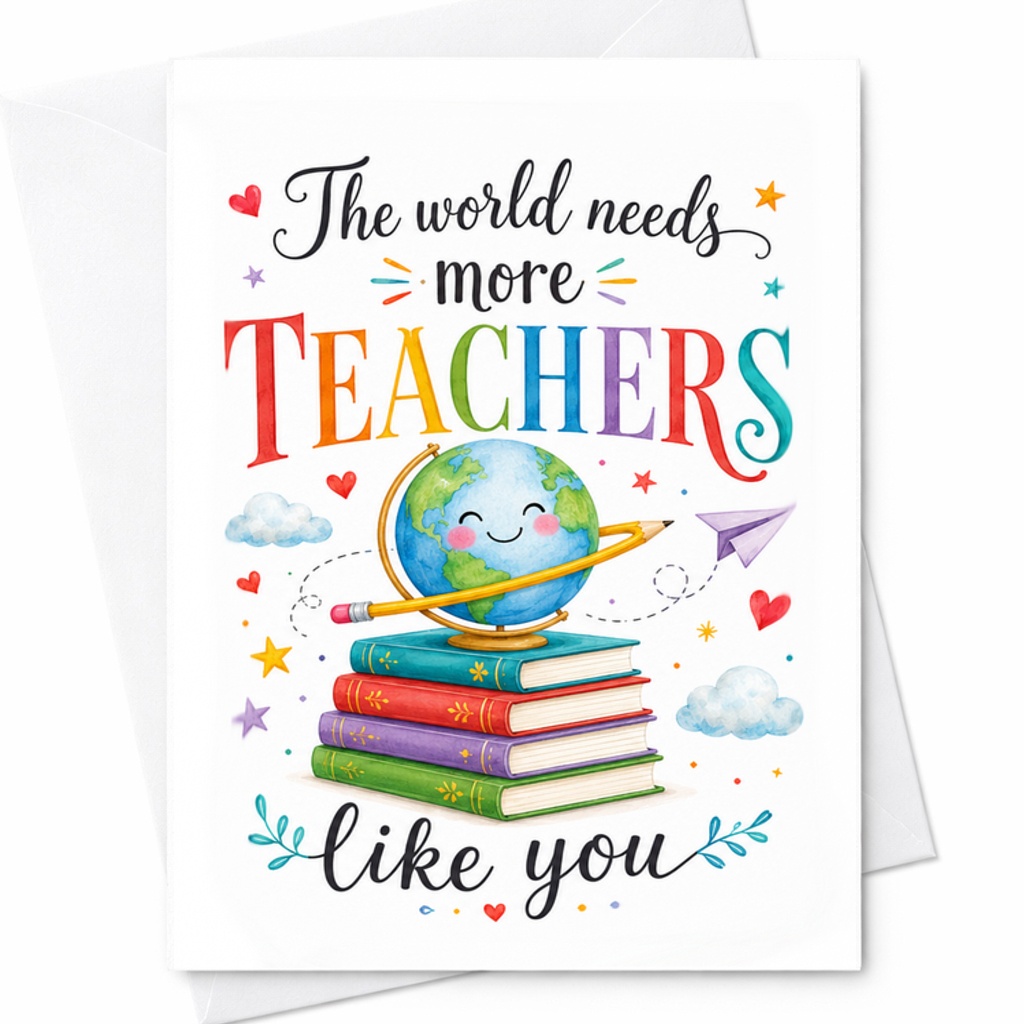 The World Needs More Teachers Like You Inspirational Thank You Card For Teacher Appreciation Day Cute Globe Design C2187
