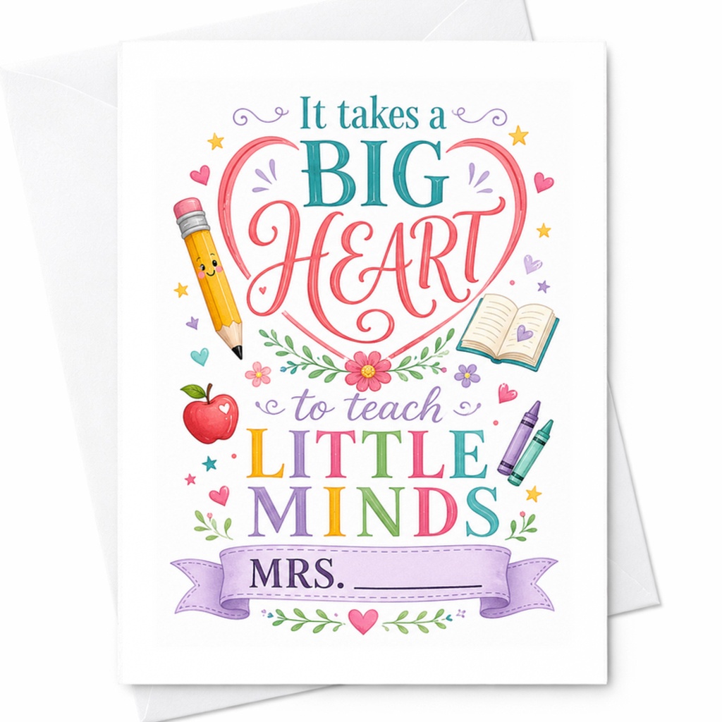 It Takes A Big Heart To Teach Little Minds Teacher Appreciation Card Personalized Gift For Educators Cute Thank You Card C2190