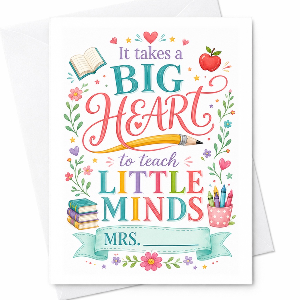 It Takes A Big Heart To Teach Little Minds Teacher Appreciation Card Thank You Card For Educators Cute Floral Design C2191