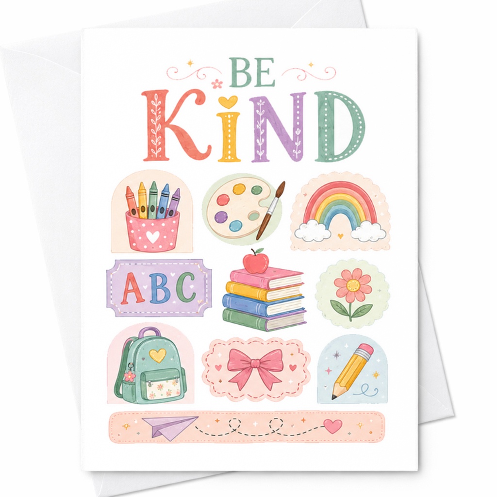 BE KIND Cute Teacher Greeting Card Back To School Card For Elementary School Teachers With Crayons Rainbow And ABC Design C2194