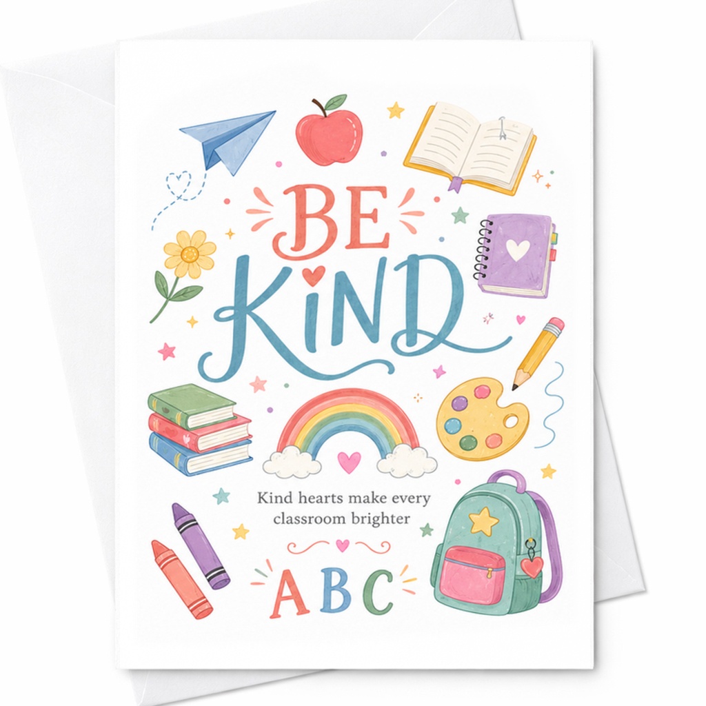 BE KIND Classroom Greeting Card Teacher Appreciation Card Kind Hearts Make Every Classroom Brighter School Encouragement C2195