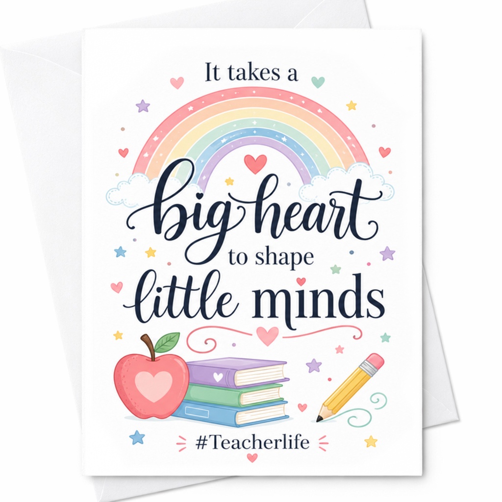 It Takes A Big Heart To Shape Little Minds Teacher Appreciation Card Thank You Gift For Teacher Cute Rainbow Design C2202