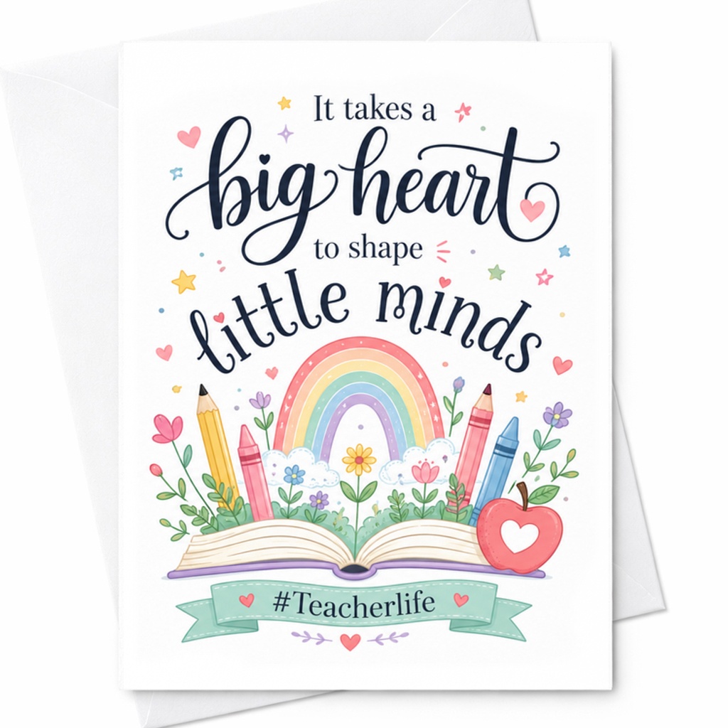 It Takes A Big Heart To Shape Little Minds Teacher Appreciation Card Cute Thank You Card For Teachers Rainbow Design C2203