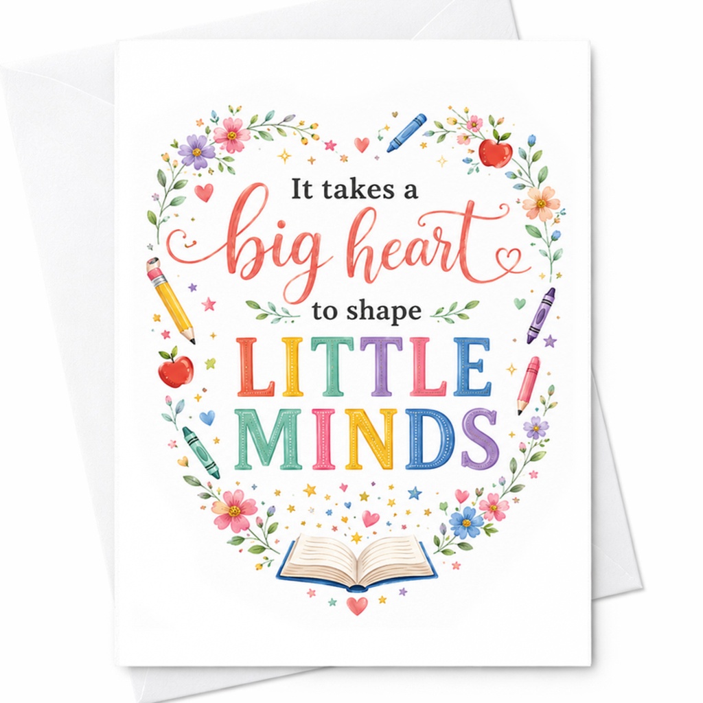 It Takes A Big Heart To Shape Little Minds Teacher Appreciation Card Thank You Card For Educators Cute Floral Design C2204