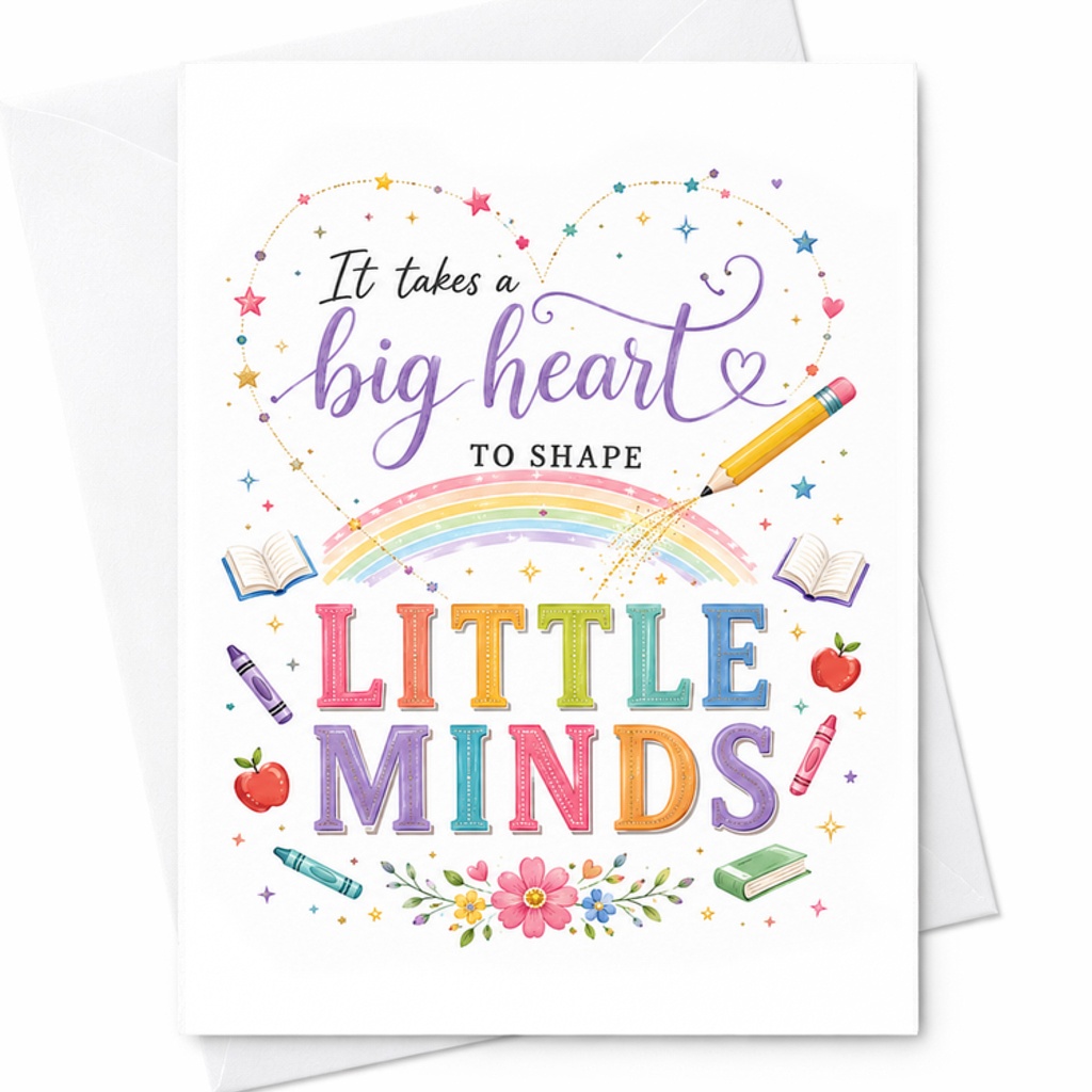 It Takes A Big Heart To Shape Little Minds Teacher Appreciation Card Thank You Card For Educators Cute Rainbow Design C2205