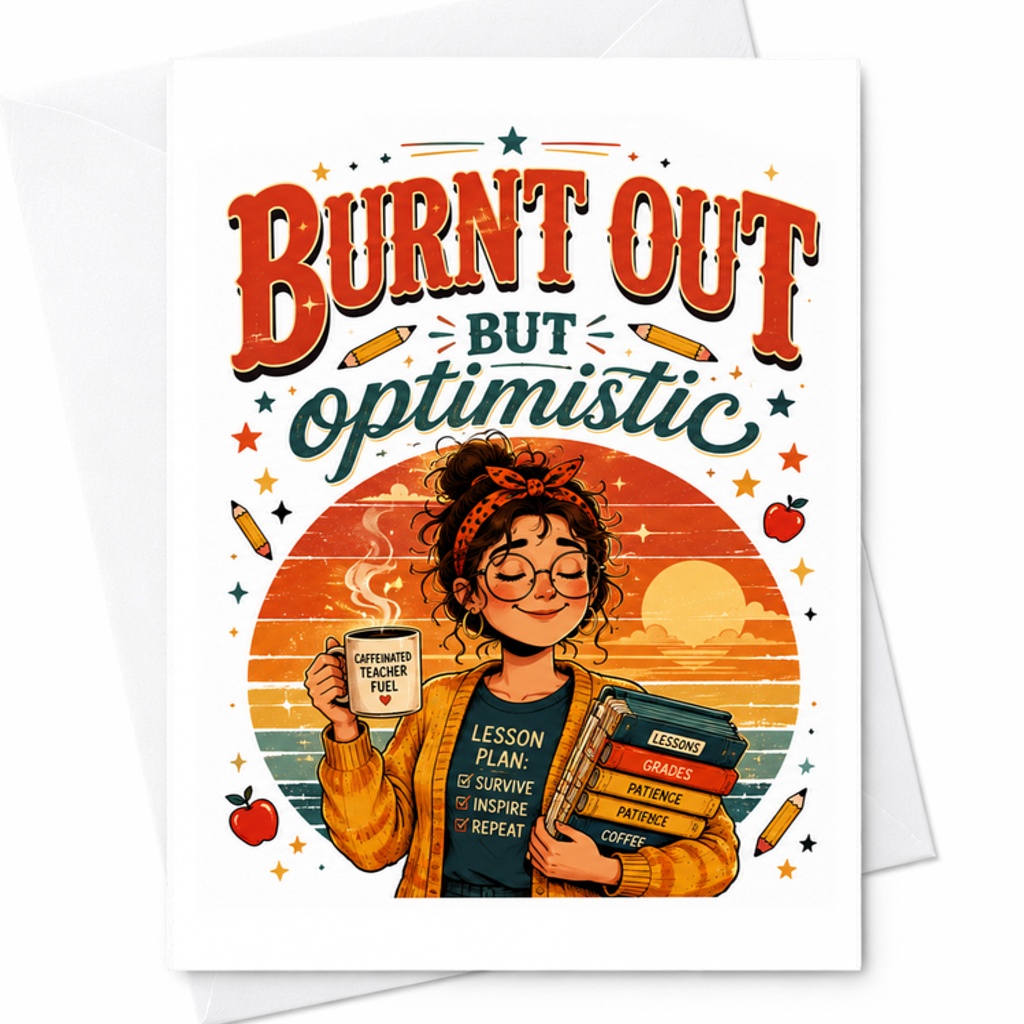 Burnt Out But Optimistic Funny Teacher Card Back To School Greeting Card For Teachers Cute Inspirational Classroom Decor C2208