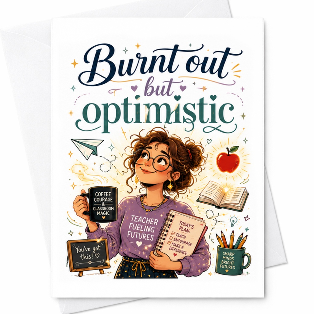 Burnt Out But Optimistic Teacher Greeting Card Encouragement Card For Teachers Appreciation Cute Motivational Classroom Gift C2209