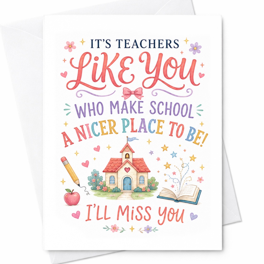 It's Teachers Like You Who Make School A Nicer Place To Be I'll Miss You Teacher Appreciation Card Gratitude Thank You C2210