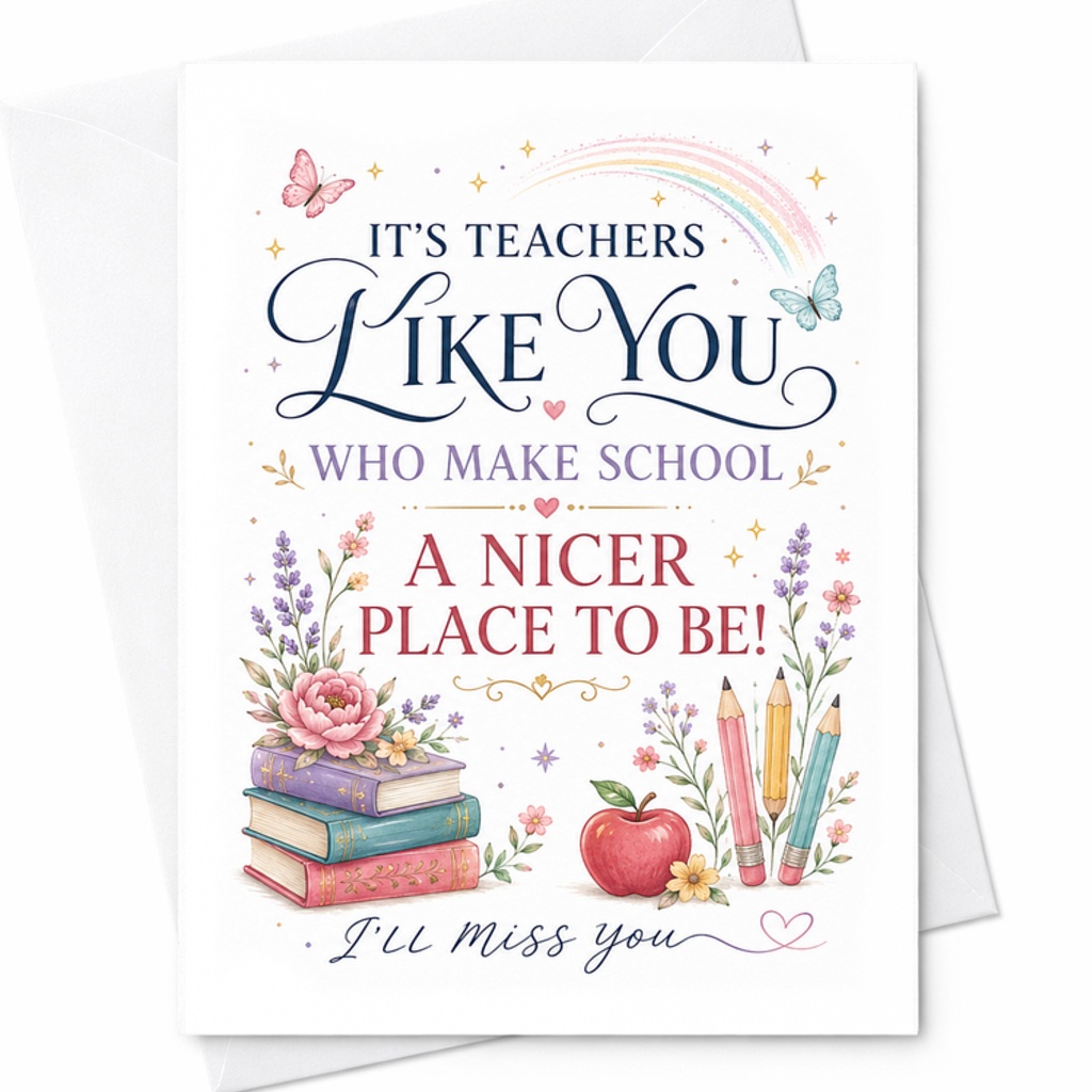 It's Teachers Like You Who Make School A Nicer Place To Be Thank You Card Teacher Appreciation Card I'll Miss You Sweet C2211
