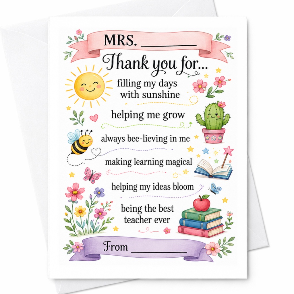 MRS. Thank You For Being The Best Teacher Ever Teacher Appreciation Card Cute Thank You Card From Student End Of School Year C2218