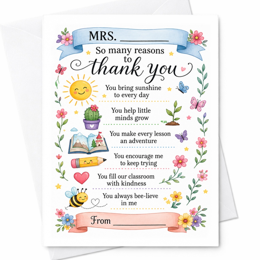 So Many Reasons To Thank You Teacher Appreciation Card Cute Thank You Card For Mrs. Teacher From Student Classroom Gift C2219