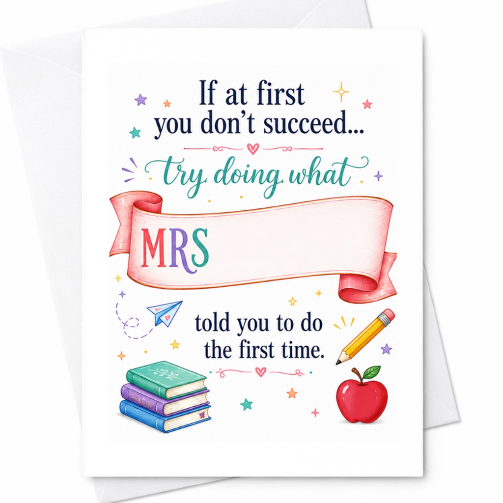 If At First You Don't Succeed Try Doing What MRS Told You Teacher Appreciation Card Funny Thank You Card For Teacher From Student C2220