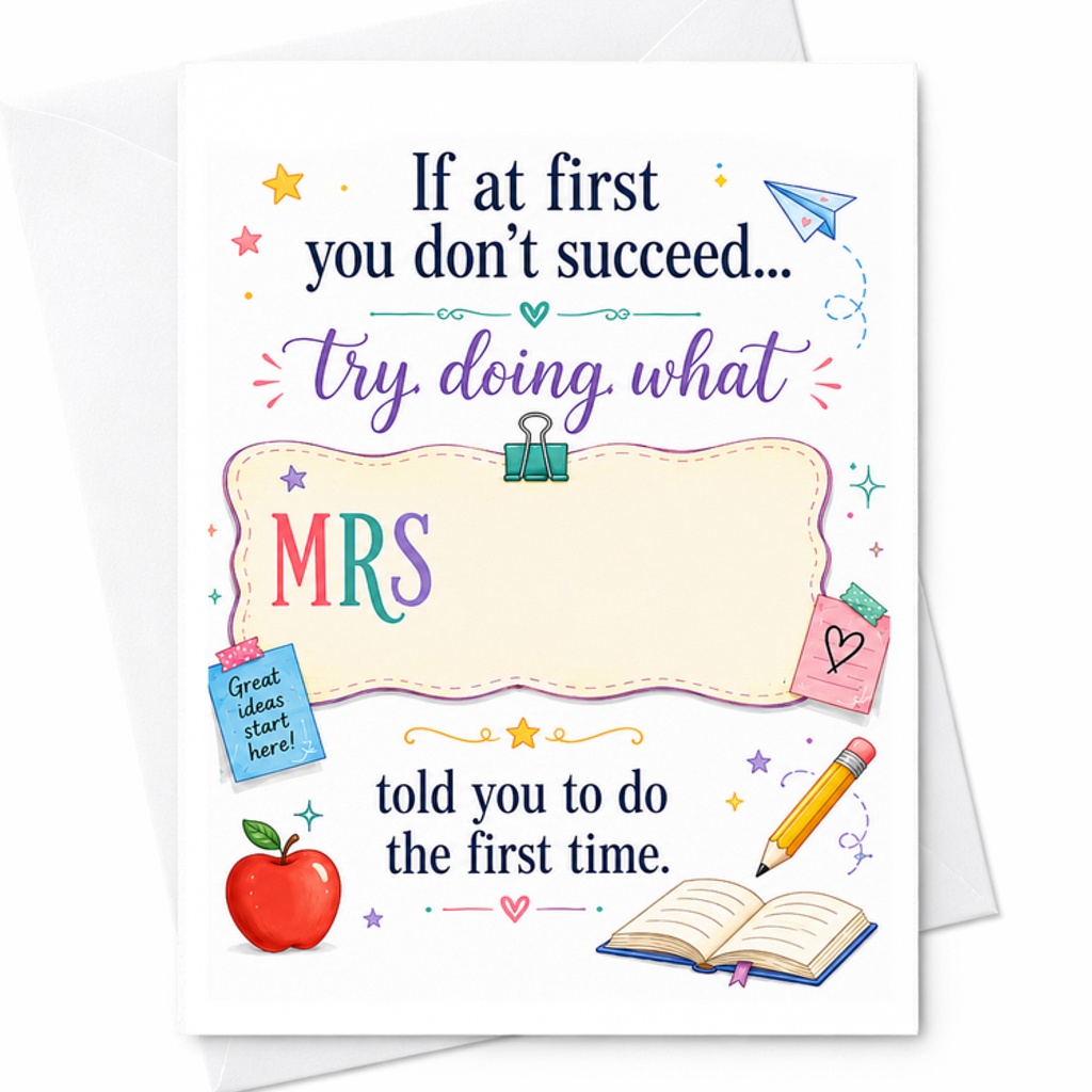 If At First You Don’t Succeed Try Doing What MRS Told You To Do Funny Teacher Appreciation Card Thank You Card For Teacher C2221