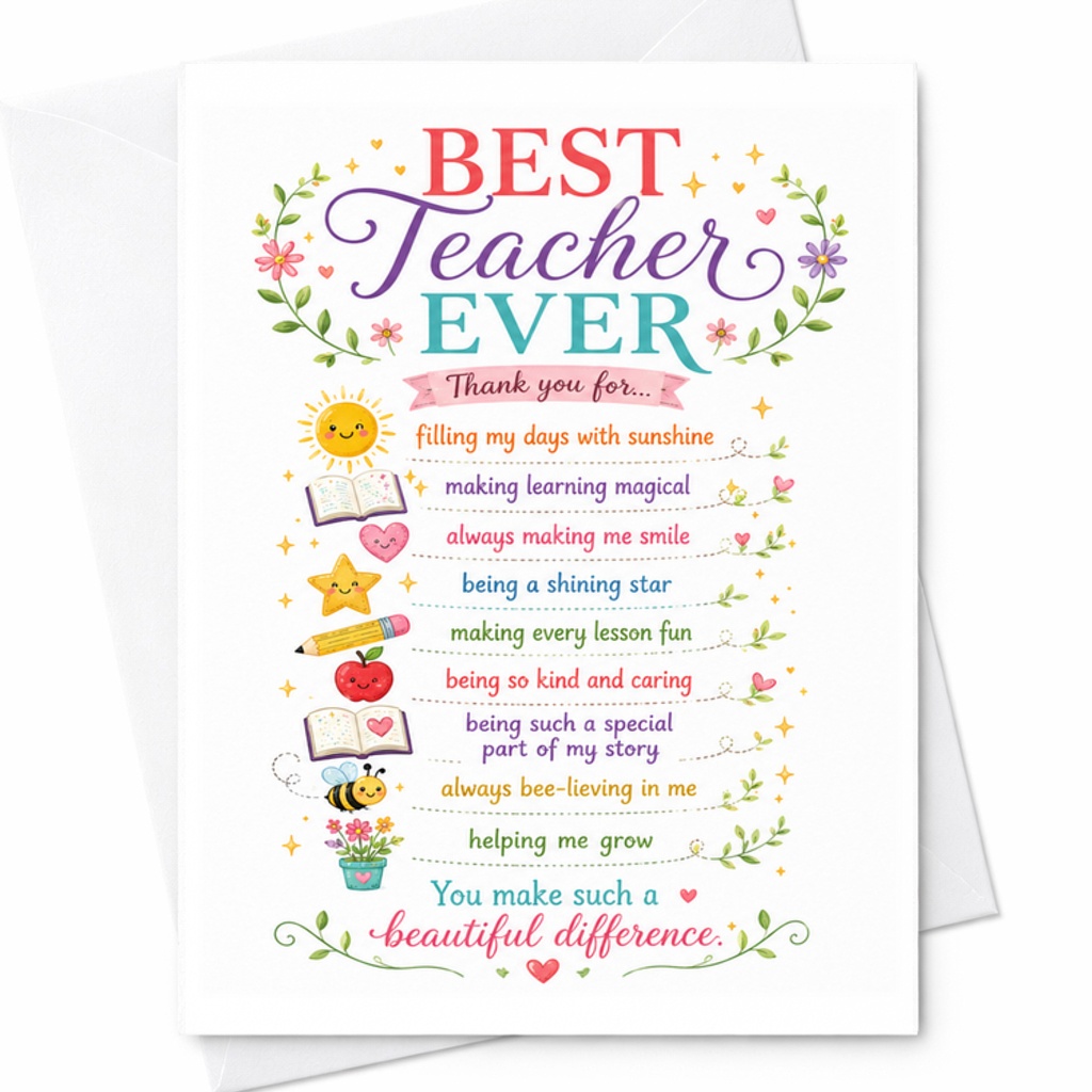 BEST Teacher EVER Thank You Card Teacher Appreciation Christmas Card Beautiful Difference Classroom Decor Gift For Teachers C2224