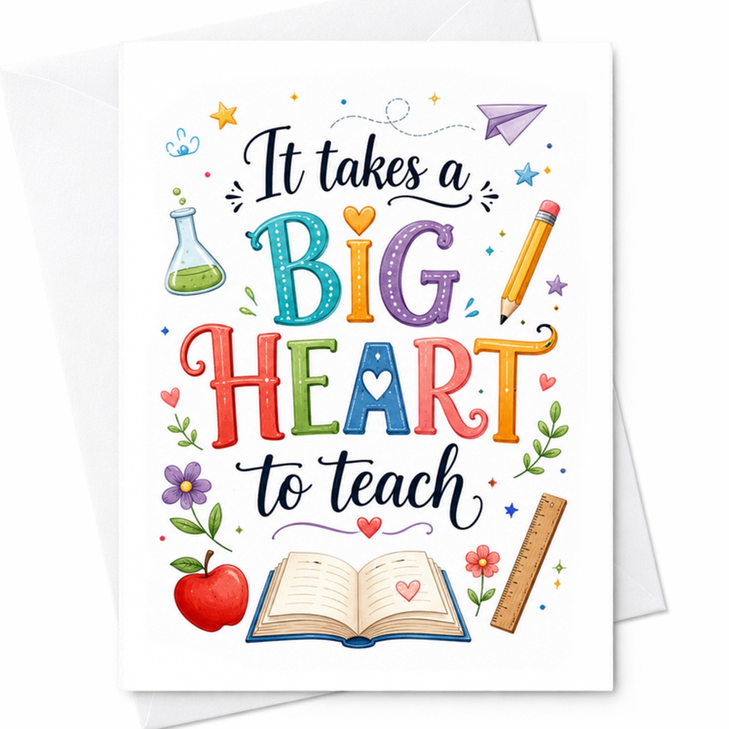 It Takes A Big Heart To Teach Teacher Appreciation Card Thank You Card For Educators Cute School Supplies Design C2228