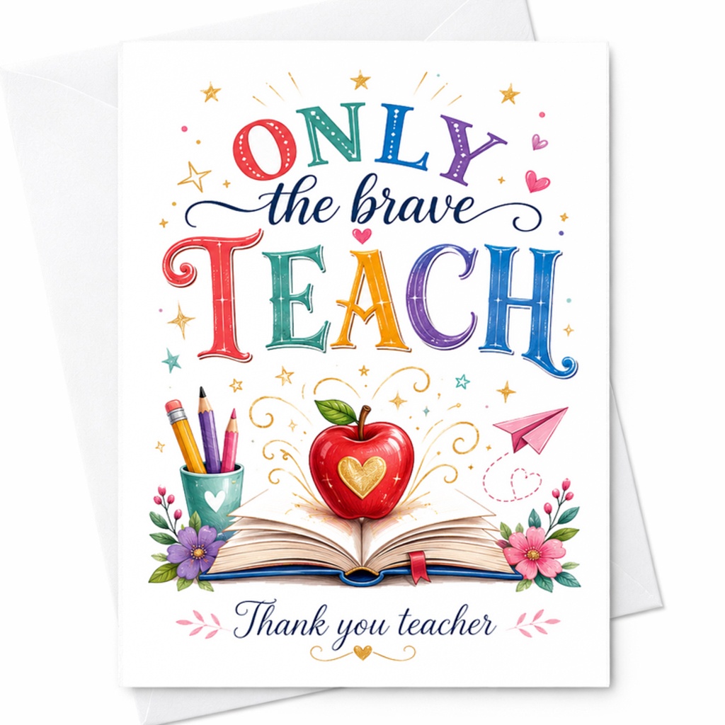 ONLY The Brave TEACH Thank You Teacher Card Appreciation Gift For Educators Cute Apple Design Classroom Decor Teacher's Day C2235