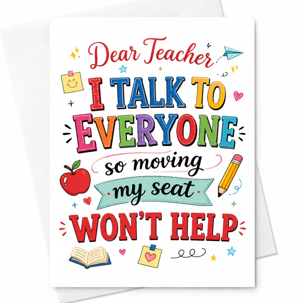 Dear Teacher I Talk To Everyone So Moving My Seat Won't Help Funny Greeting Card For Students Classroom Humor School Card C2245