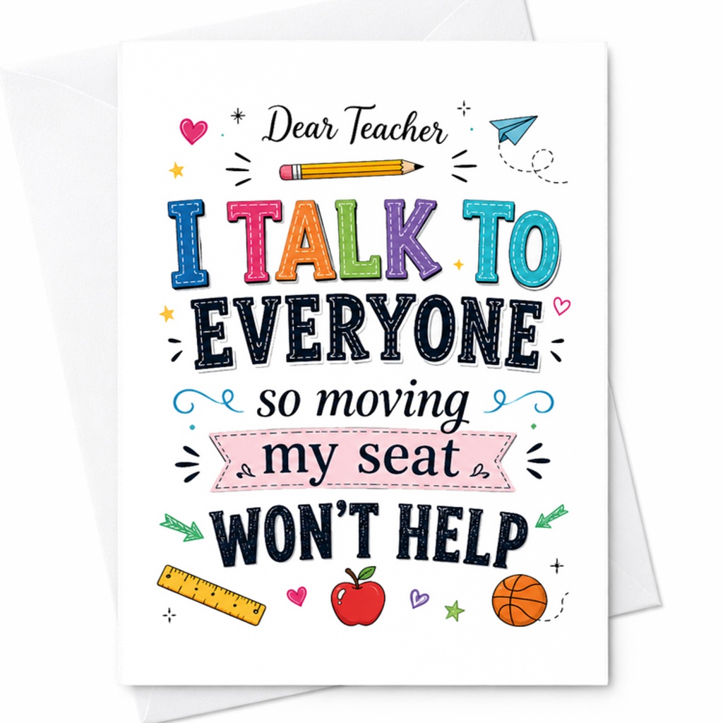 Dear Teacher I Talk To Everyone So Moving My Seat Won't Help Funny Greeting Card Back To School Classroom Humor Student Gift C2246