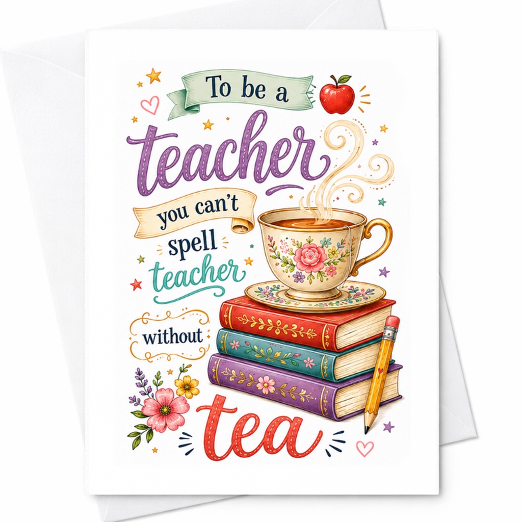 To Be A Teacher You Can't Spell Teacher Without Tea Thank You Card For Teachers Appreciation Cute Floral Design C2248