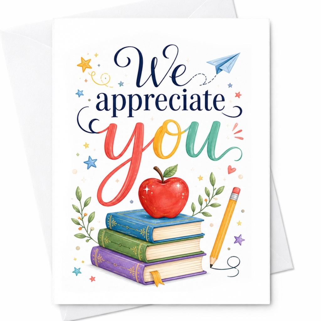 We Appreciate You Thank You Card Teacher Appreciation Card Cute Colorful Design With Books Apple Pencil For Teachers Educators C2251