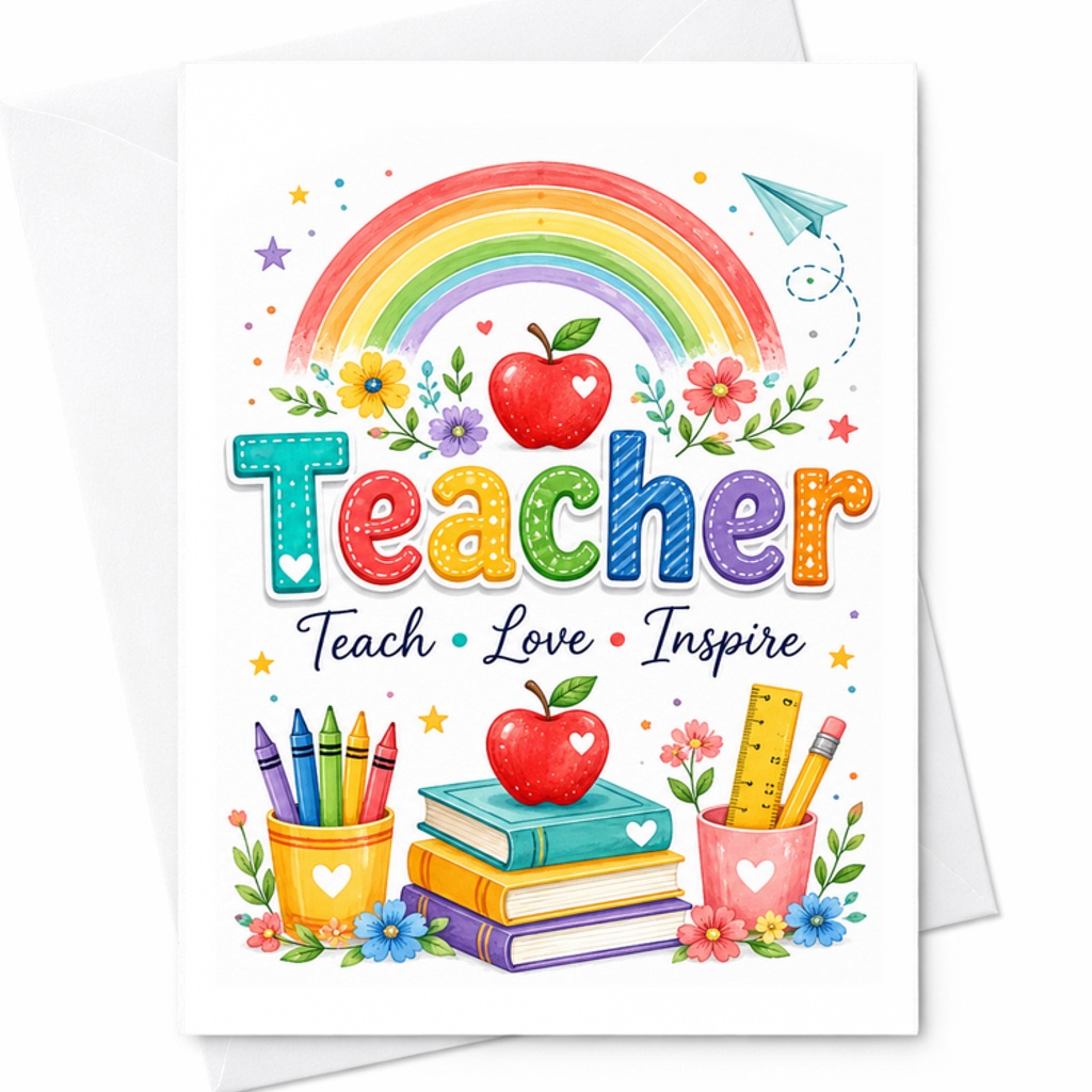 Teacher Teach Love Inspire Appreciation Card Thank You Card For Teachers Cute Rainbow Apple Design Perfect For Teacher's Day C2254