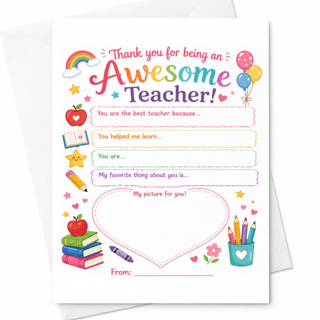 Thank You For Being An Awesome Teacher Card Cute Appreciation Card For Teachers From Students With Fill-in Prompts And Drawing C2257