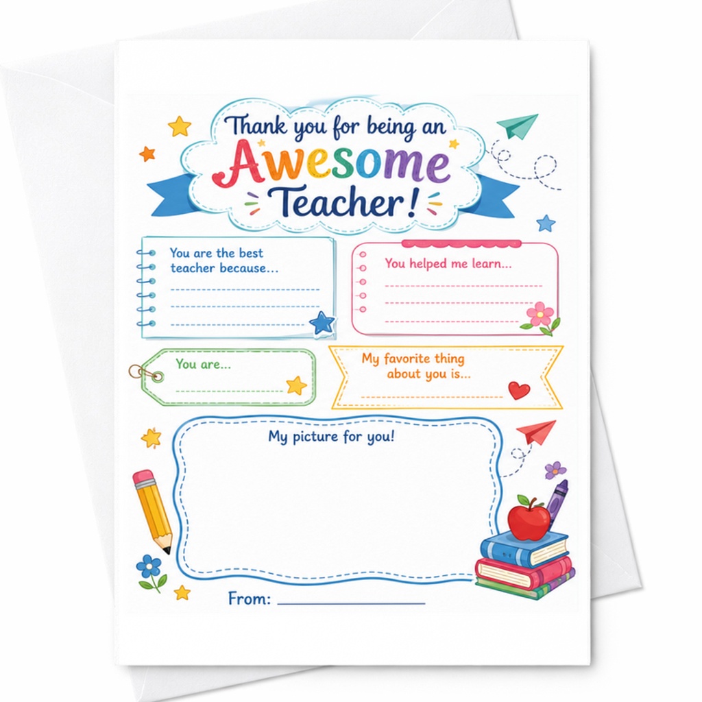 Thank You For Being An Awesome Teacher Card Cute Appreciation Card For Teachers From Students With Fill-in Prompts And Design C2258