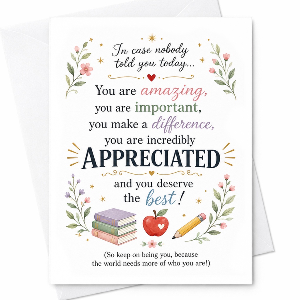In Case Nobody Told You Today You Are Amazing Important Appreciated Card Teacher Appreciation Thank You Card Inspirational C2259
