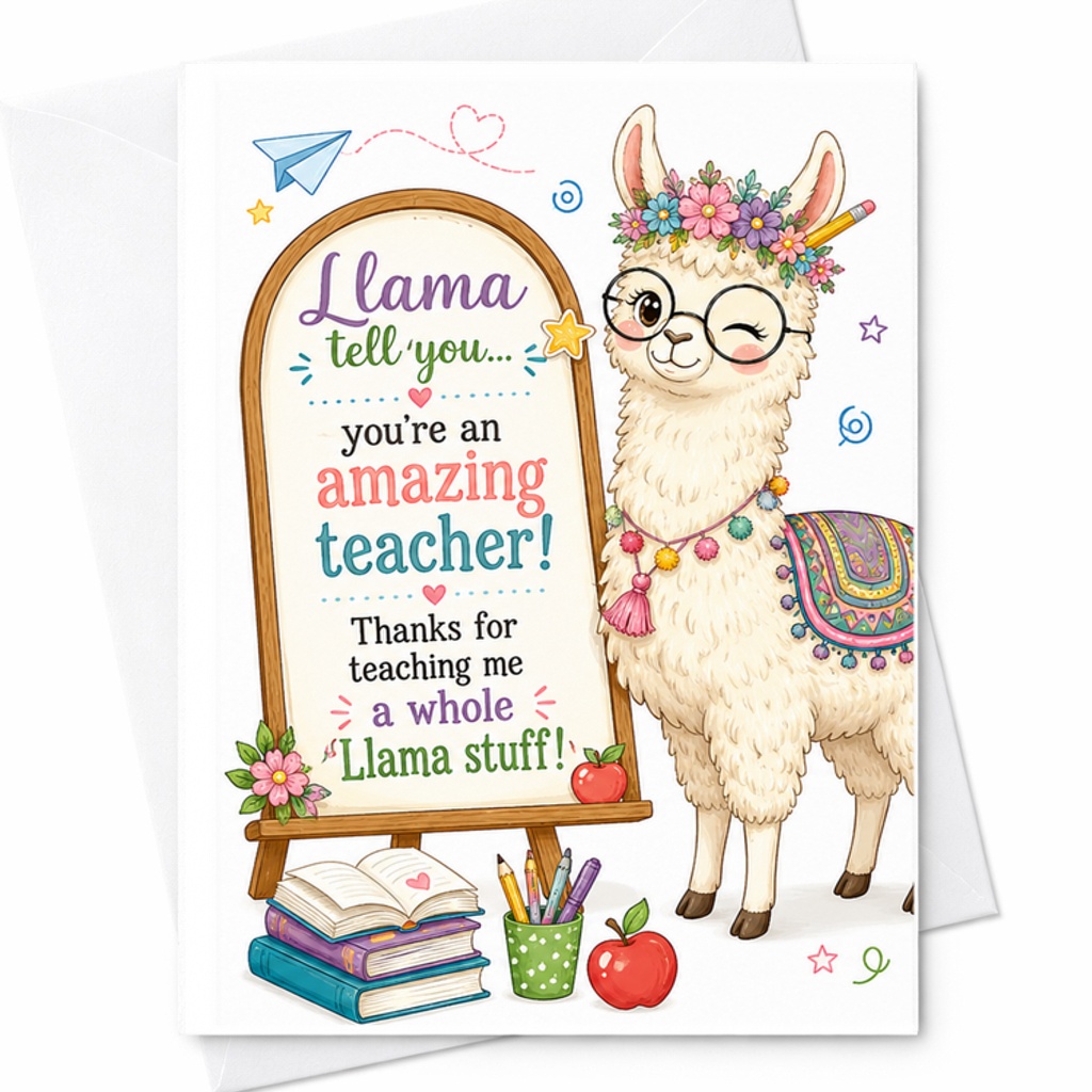 Llama Tell You You're An Amazing Teacher Thanks For Teaching Me A Whole Llama Stuff Teacher Appreciation Card Cute Funny C2266