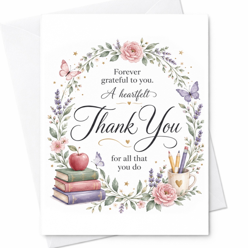 A Heartfelt Thank You Card Gratitude Appreciation Card For Teacher Mentor Friend Beautiful Floral Design With Books And Butterflie C2271
