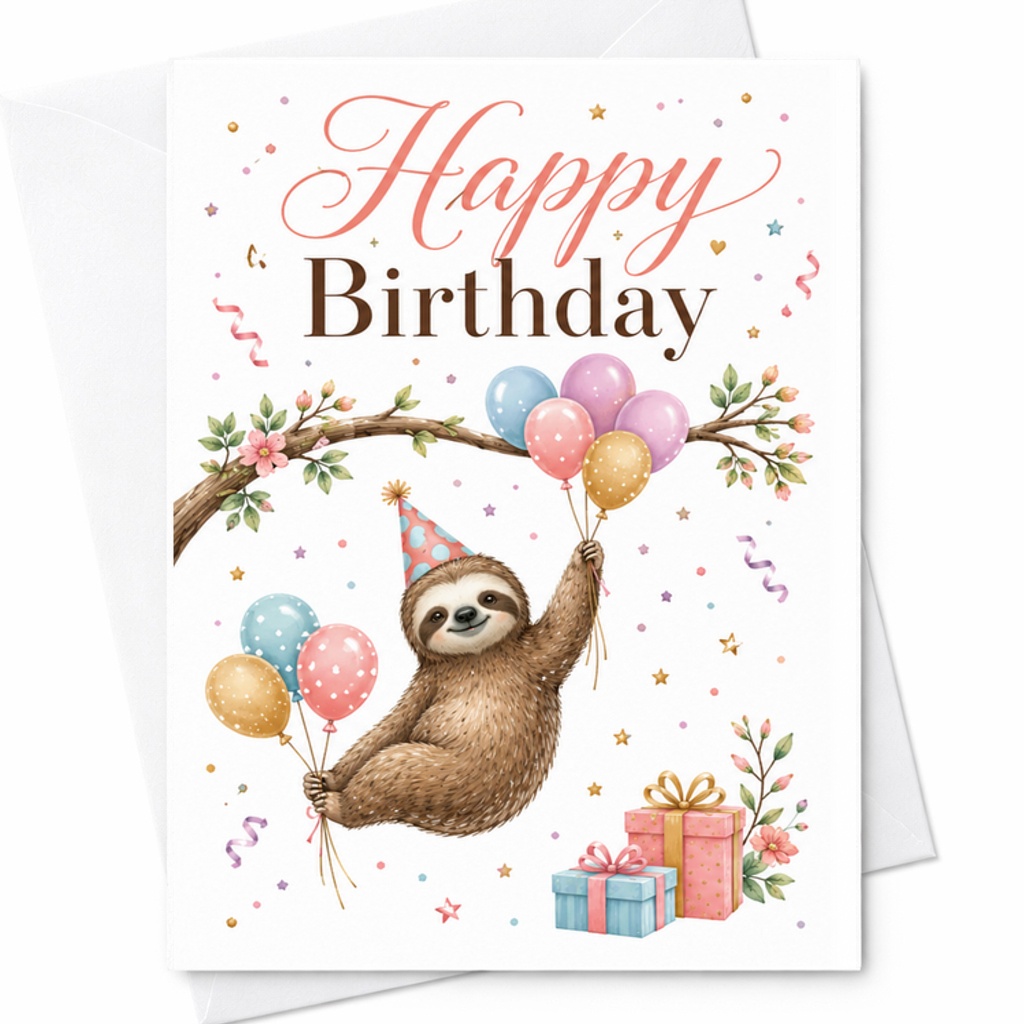 Happy Birthday Whimsical Sloth Birthday Card Cute Animal Design With Balloons And Confetti For Kids Friends Family Celebration C2279