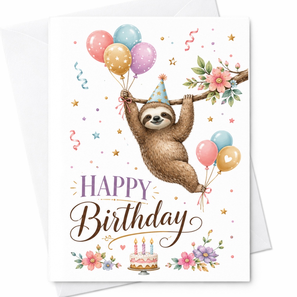 Happy Birthday Cute Sloth Card Birthday Card For Kids Fun Animal Balloons Party Hat Celebration Card For Child's Birthday C2280