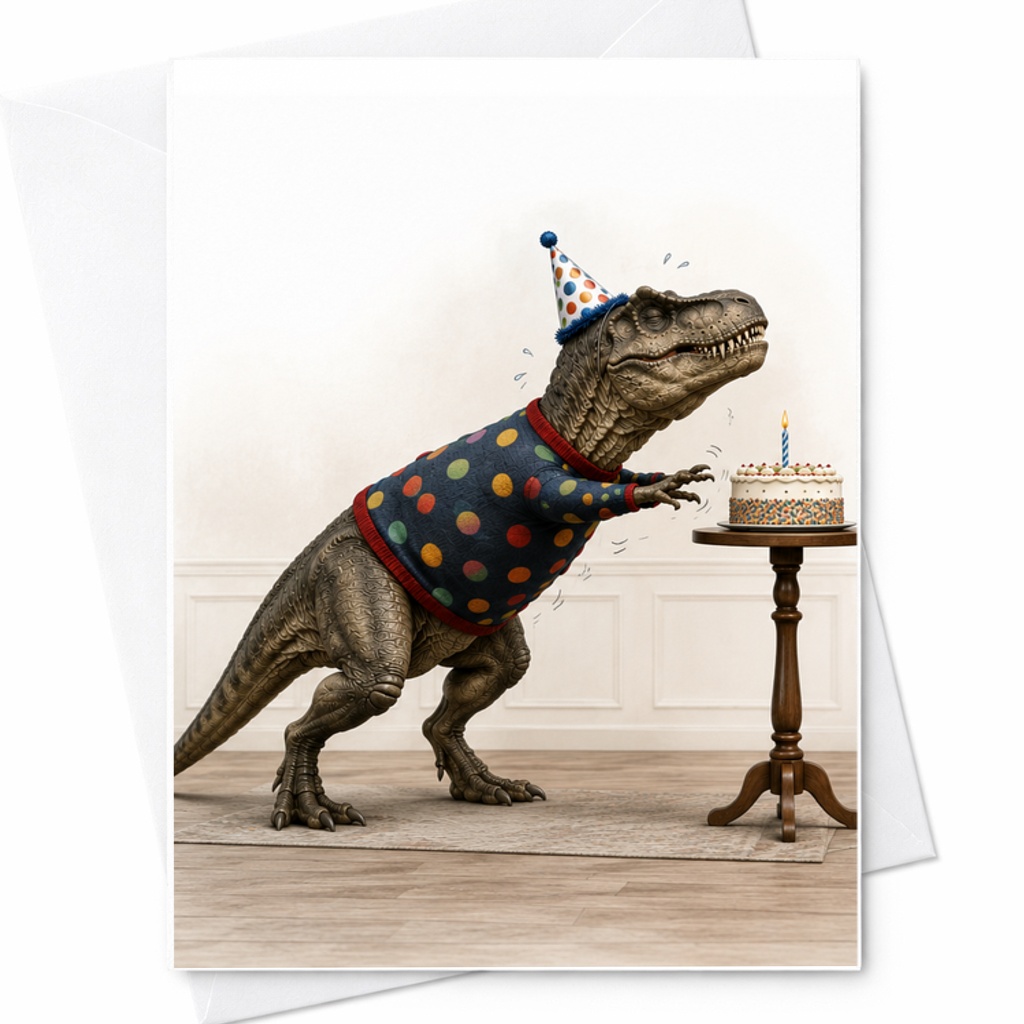 Funny Dinosaur Birthday Card, T Rex Birthday Card With Cake And Party Hat, Humorous Birthday Card For Adults C2299