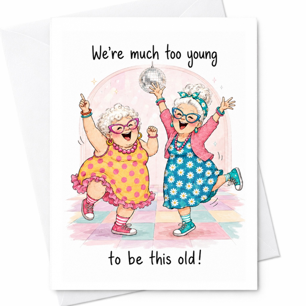 We'Re Much Too Young To Be This Old Funny Birthday Card For Women Friends Cute Cartoon Design For Her Celebration C2311