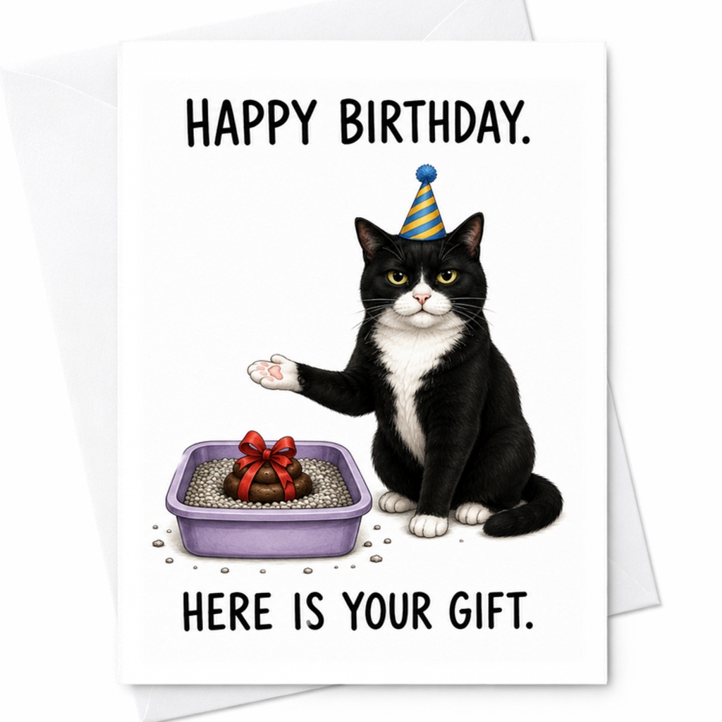 Happy Birthday. Here Is Your Gift. Funny Cat Birthday Card Humorous Greeting For Cat Lovers Cute Animal Humor Birthday Card C2298