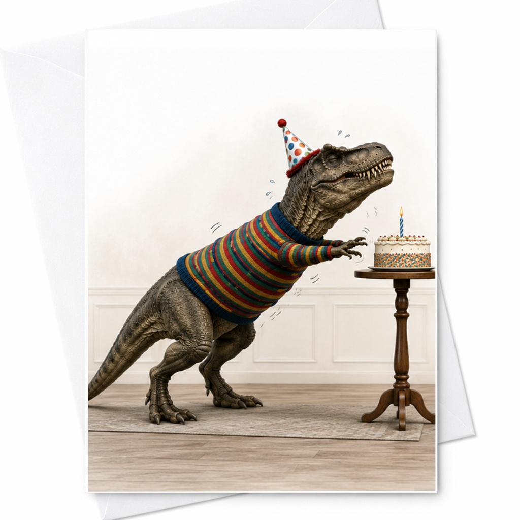 Funny Dinosaur Birthday Card, T Rex Birthday Card With Cake And Party Hat, Humorous Birthday Card C2326