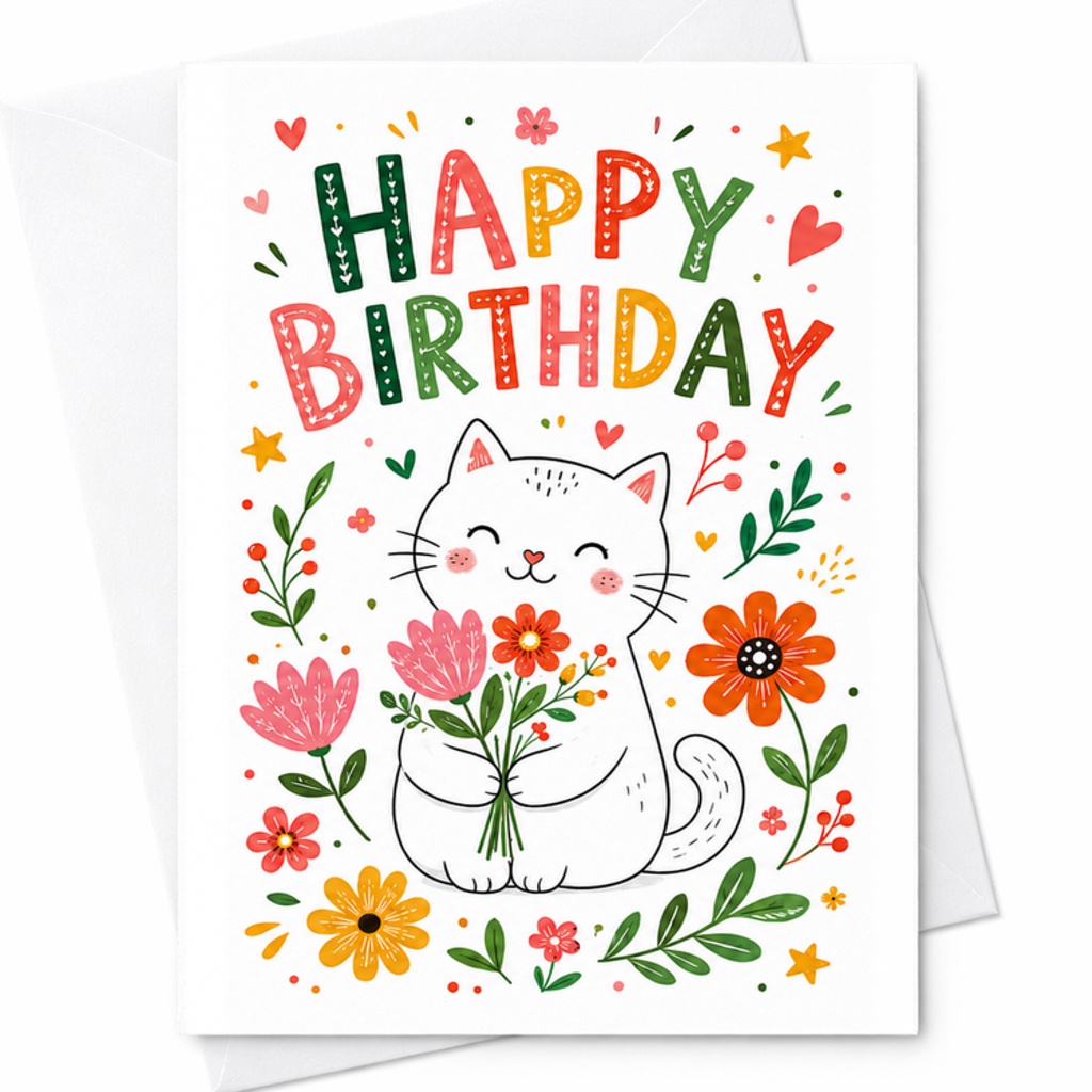 Happy Birthday Cute Cat Birthday Card Adorable Kitty With Flowers For Kids Adults Animal Lovers Fun Celebration Greeting Card C2306