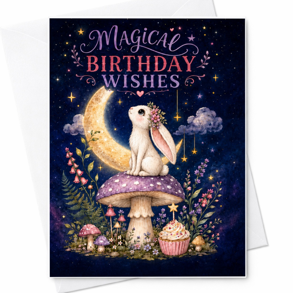 Magical Birthday Wishes Card Cute Bunny Moon Design For Kids Fantasy Birthday Card Enchanting Celebration Greeting Card C2307