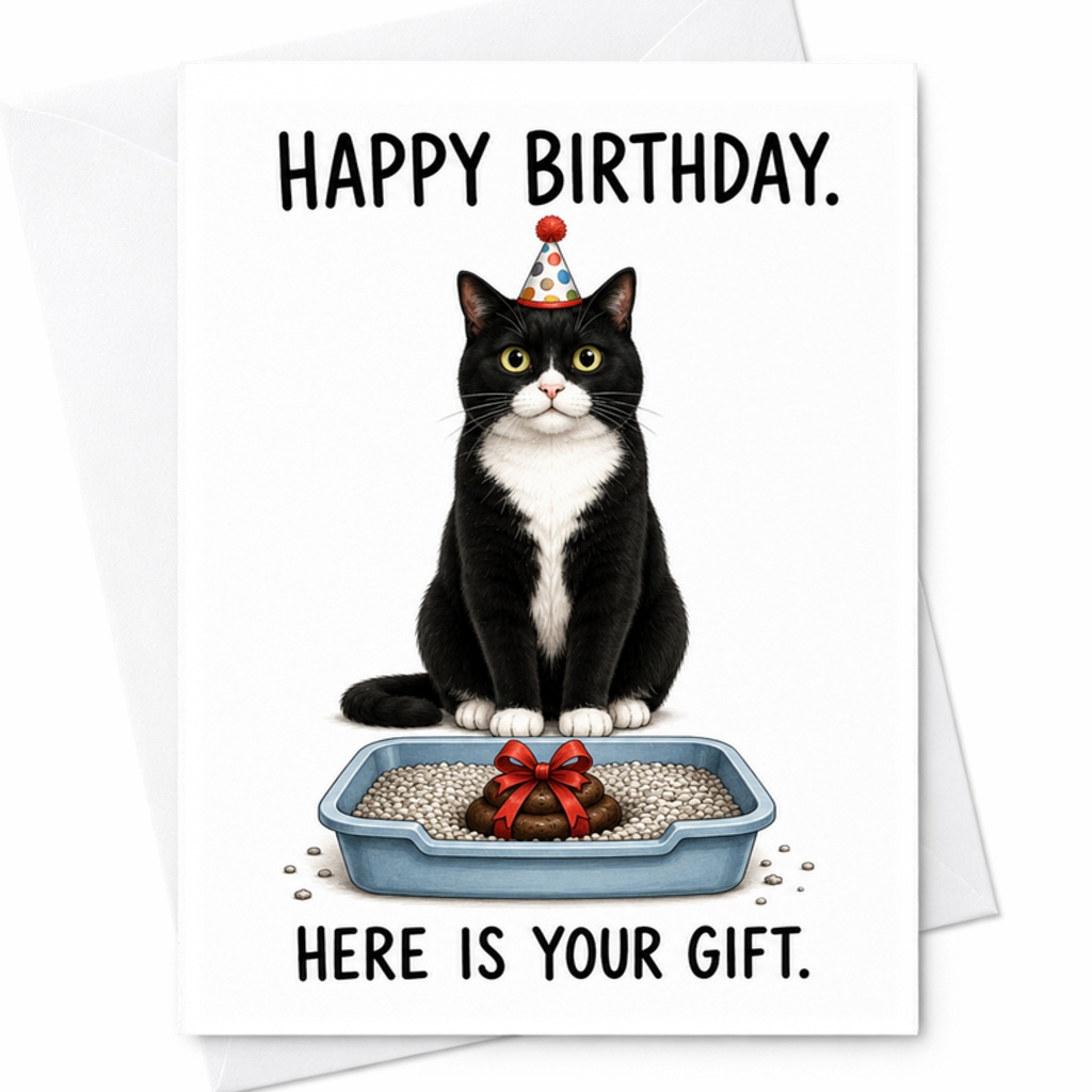 Happy Birthday. Here Is Your Gift. Funny Cat Birthday Card For Cat Lovers Pet Owners Friends Family Humorous Celebration C2325