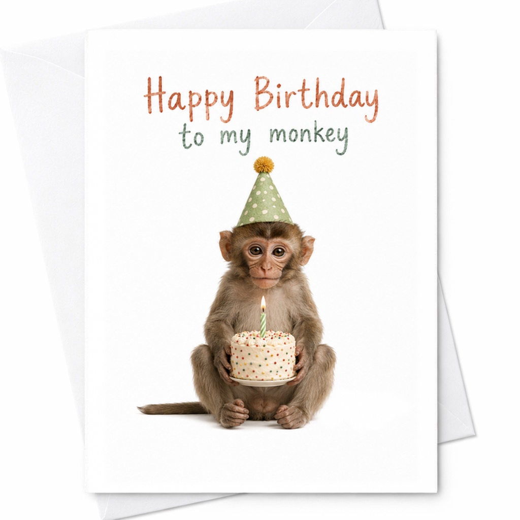 Happy Birthday To My Monkey Funny Birthday Card Cute Animal Theme Party Hat Cake Friends Loved Ones Celebration Card C2327