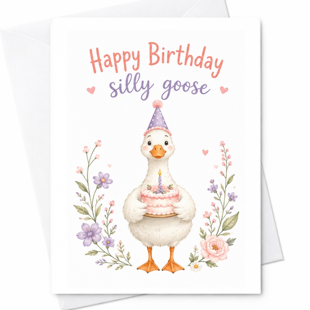 Happy Birthday Silly Goose Birthday Card Cute Goose With Cake And Flowers Funny Card For Friends Family Celebration C2332