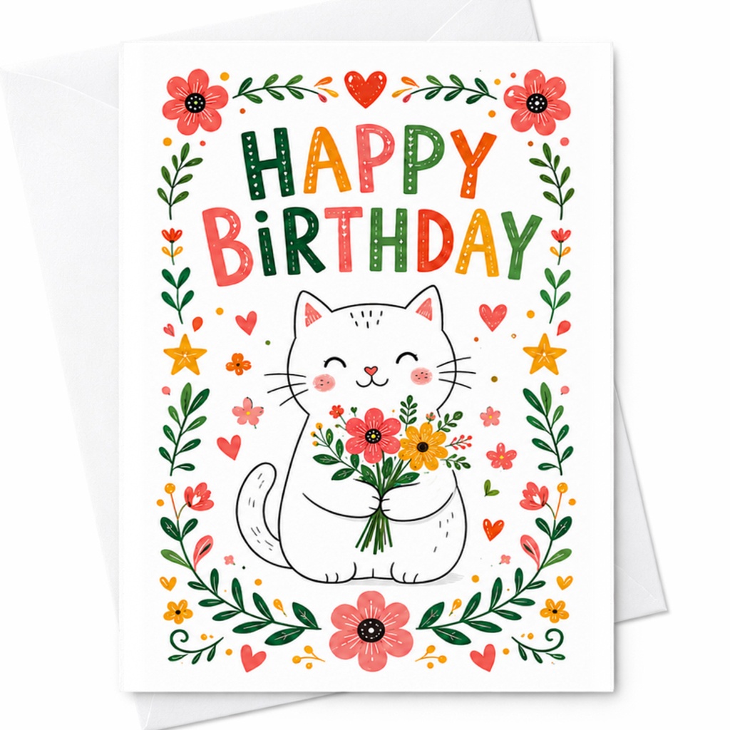 Happy Birthday Whimsical Cat Birthday Card Cute Dancing Kitten In Flowers Vibrant Colorful Design For Cat Lovers Kids Adults C2333