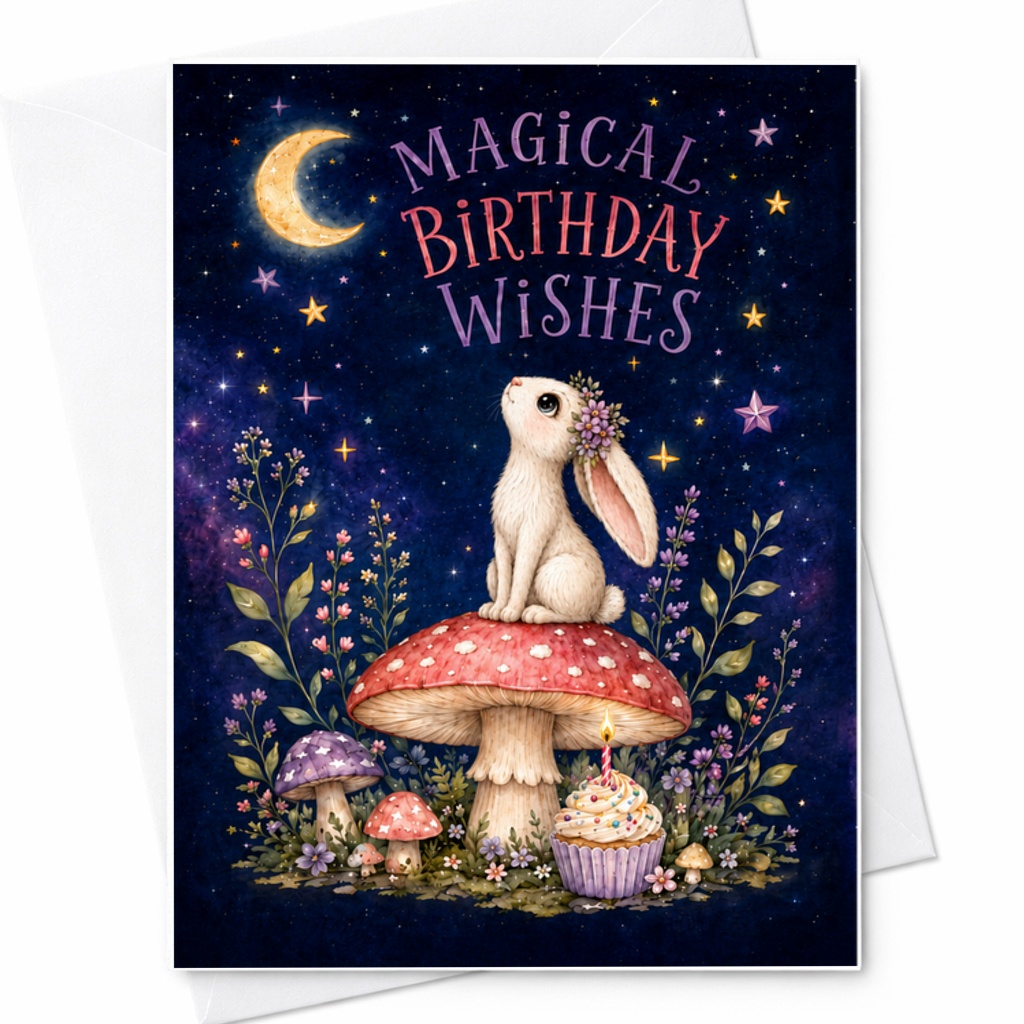 Magical Birthday Wishes Cute Bunny Card Whimsical Forest Design Moon Stars Birthday Card For Friends Family Kids C2334